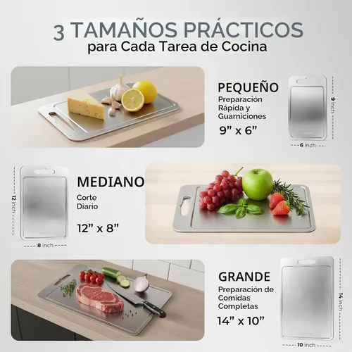 Vista 2 de Tablas de cortar de acero inoxidable para cocina, tabla de cortar de acero inoxidable con ranuras para jugo, doble cara, paquete de 3 tamaños