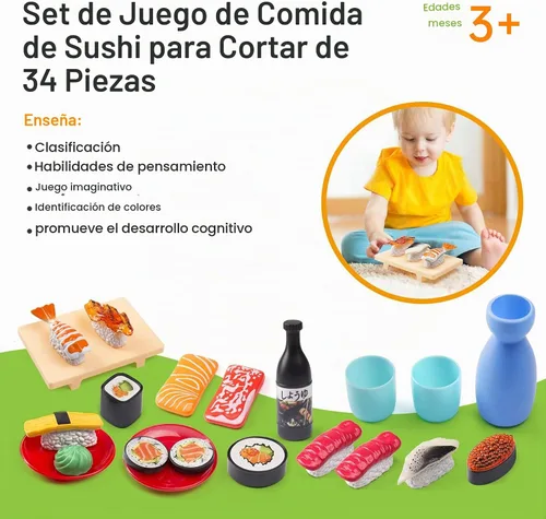 Vista 4 de Funpynani - Juego de comida de simulación para cortar sushi, 34 piezas, juguetes de alimentos de simulación con luz LED que cambia