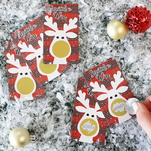 Vista 5 de Tarjetas de rascar temáticas de renos navideños DISTINCTIVS, juego de fiesta de Navidad - 28 unidades, tarjetas navideñas para rascar