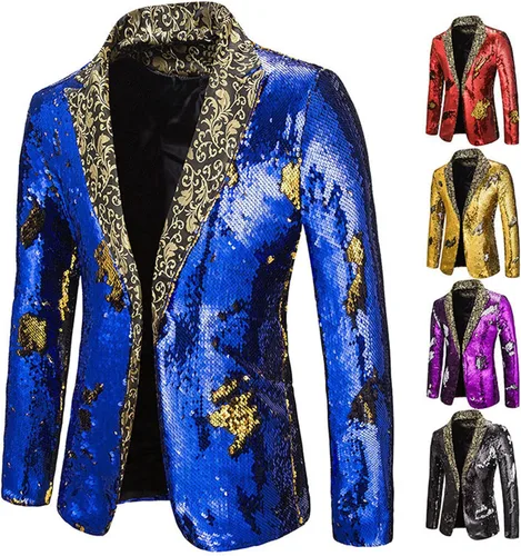 Vista 2 de Chaqueta de lujo de lentejuelas azul rey con purpurina para hombre, chaqueta de conversión de 2 colores, chaqueta de escenario de club nocturno