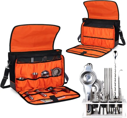 Vista 2 de CURMIO Bolsa de Bartender, Bolsa de Viaje para Juego de Herramientas de Bar, Kits de Bartender para Almacenamiento con Compartimentos Acolchados