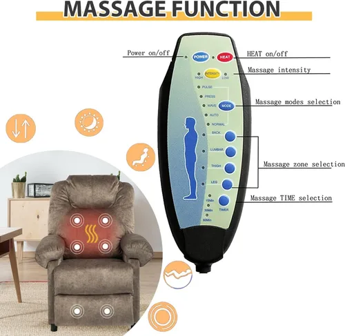 Vista 4 de Silla reclinable de masaje con calor, sillas reclinables de tela con relleno con calefacción, sillón reclinable pequeño para sala de estar