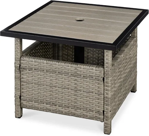 Vista 10 de Best Choice Products Mesa auxiliar de mimbre con agujero para paraguas, mesa auxiliar cuadrada de ratán de polietileno para patio, jardín, piscina