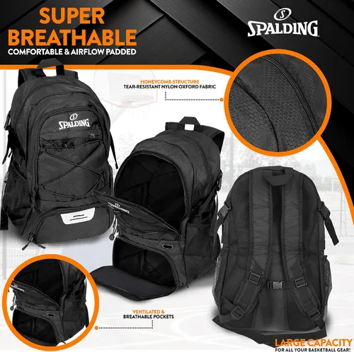 Vista 4 de Spalding Mochila deportiva de baloncesto Mochila grande negra con compartimento para zapatos y pelotas Regalos para jugadores de baloncesto