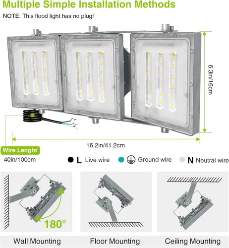 Vista 4 de Luces LED de inundación para exteriores, 150 W, 15000 lúmenes, 6000 K, del anochecer al amanecer, iluminación exterior con fotocélula IP66