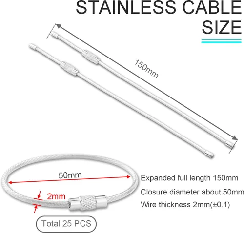 Vista 2 de CooBigo Paquete de 25 lazos de acero inoxidable de 0.079 pulgadas con revestimiento de alambre para llaves grandes de 6 pulgadas para mujeres