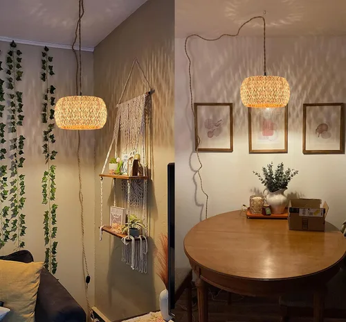 Vista 6 de ZECOXOL Lámparas colgantes enchufables con pantalla de lámpara tejida de ratán, luces colgantes bohemias con cable enchufable, interruptor
