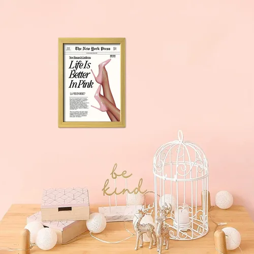 Vista 9 de Arte de pared enmarcado en lienzo con impresión de póster rosa bebé para estética de habitación femenina, arte de pared femenino moderno, obra