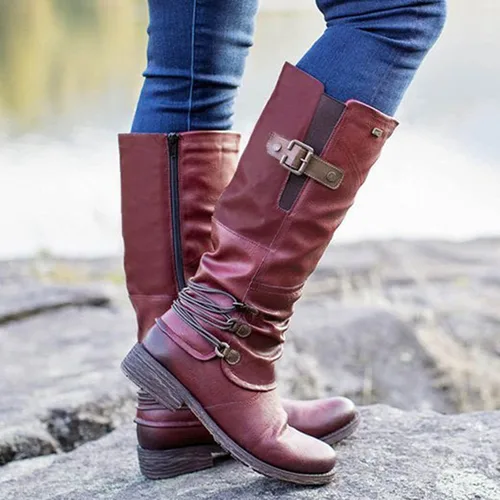 Vista 2 de Botas para mujer, a la moda, con punta cuadrada, estilo vaquero, con correa de media pantorrilla, botas retro para otoño 2022