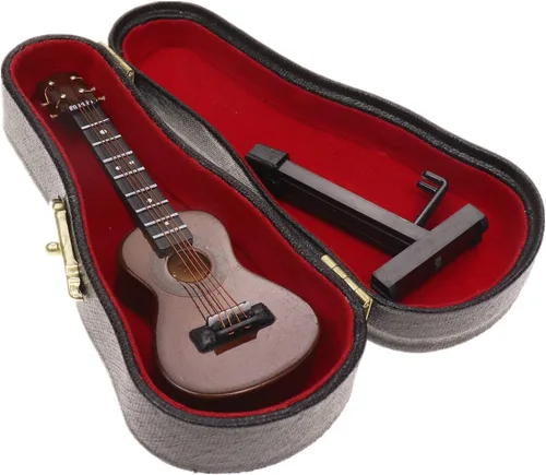 Vista 3 de Ukelele miniatura de madera con soporte y estuche, mini instrumento musical, réplica de ukelele, figuras coleccionables, modelo de decoración