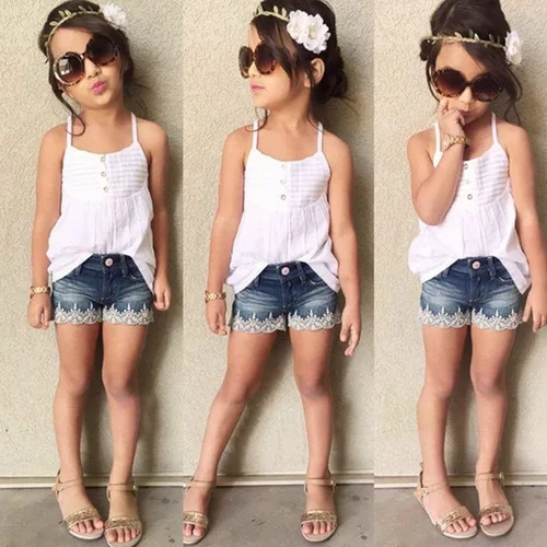 Vista 7 de SEYOUAG Conjunto de 2 piezas de ropa para niña pequeña + pantalones cortos de mezclilla