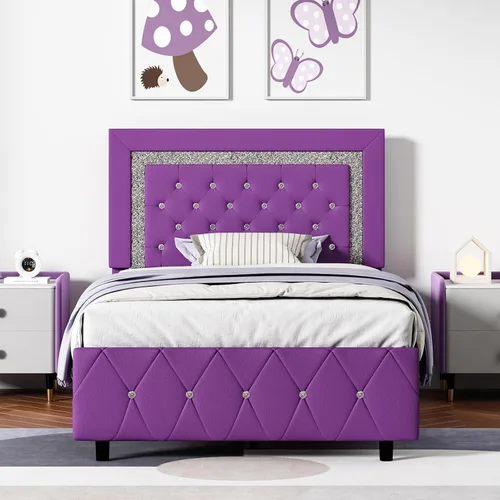 Vista 24 de BarnFurin Base de cama individual con cabecero, cama tapizada con diseño capitonado de diamante, marco de cama para niños con soporte de listones