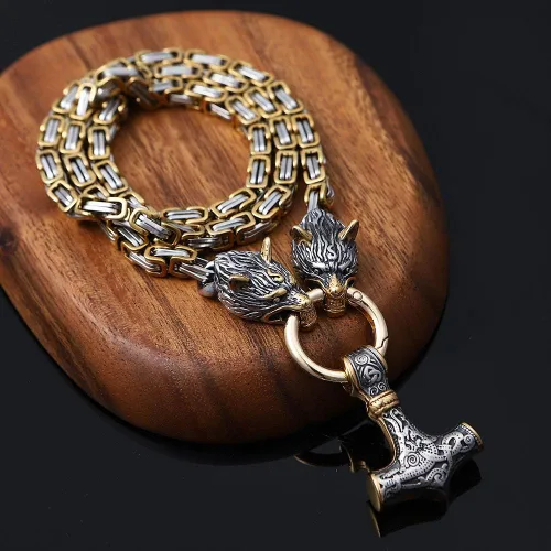Vista 3 de Collar con colgante de cabeza de lobo Thor Mjolnir Viking Jewelry
