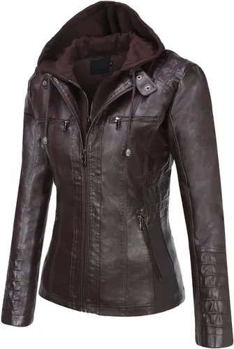 Vista 2 de Springrain Chaqueta de piel sintética para mujer, con capucha desmontable