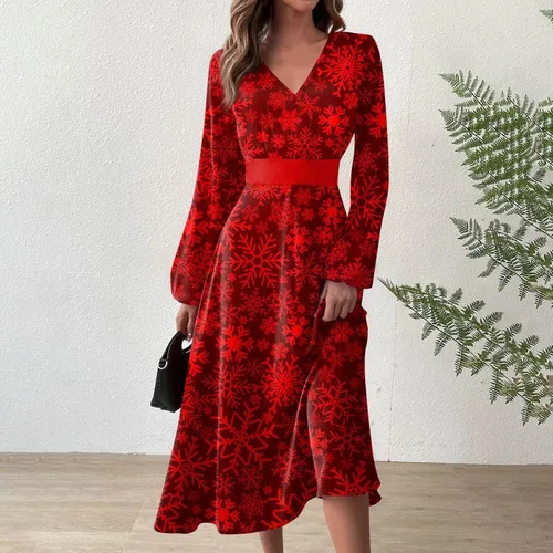 Vista 2 de Vestidos elegantes para mujer, otoño e invierno, casual, a la moda, con cuello en V, manga larga, estampado navideño, S-2XL