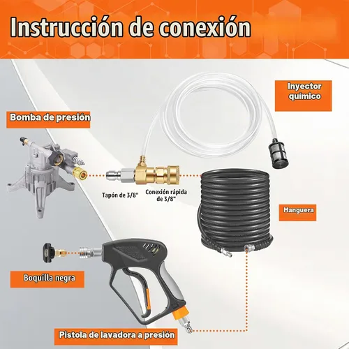 Vista 8 de Inyector químico para lavadora a presión PWACCS, 2-3 GPM, 3200 PSI Kit de inyector fijo aguas abajo, conexión rápida de 3/8 pulgadas, manguera