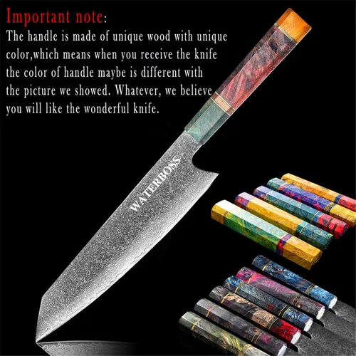 Vista 8 de Waterboss,Cuchillo Kiritsuke de 8 pulgadas,67 capas Damasco Japonés AUS-10 Super Steel Blade,Mango octogonal Wodden Estable,Cuchillo de chef