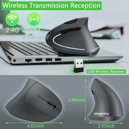 Vista 6 de Mcpiwohy Mouse ergonómico, mouse vertical óptico recargable USB mouse 2.4GHz inalámbrico con 6 botones, 3 ajustables 120016002400 DPI para laptop