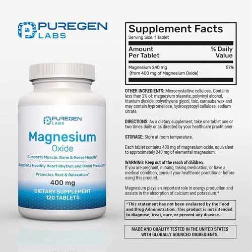 Vista 2 de Suplemento de magnesio de 400 mg [alta potencia] – Óxido de magnesio para apoyo inmunológico, recuperación muscular, calambres en las piernas