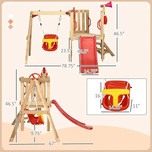Vista 6 de Outsunny Juego de columpios para patio trasero, juego de madera para exteriores con asiento de columpio para bebé, tobogán para niños, fuerte, Rojo