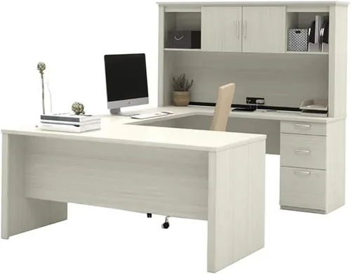 Vista 9 de Atlin Designs Escritorio moderno para computadora en forma de U de madera con gabinete, acabado gris corteza, superficie resistente a los arañazos
