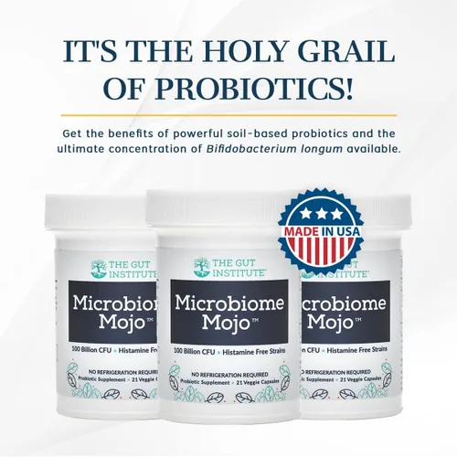 Vista 3 de Microbiome Mojo - Probióticos 2 en 1 de alta potencia, 100 mil millones de UFC más 500 millones de probióticos viables a base de suelo por cápsula