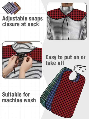 Vista 3 de 10 baberos para adultos para comer, lavable, impermeable, protector de ropa con atrapa migas, baberos grandes reutilizables ajustables para hombres