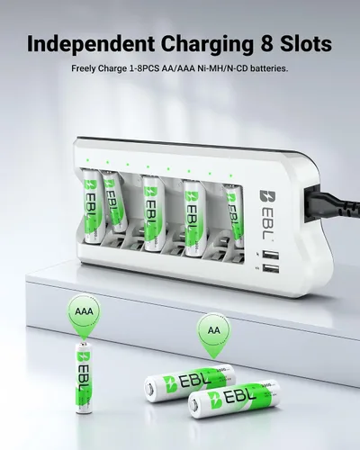 Vista 10 de EBL Baterías recargables NiMH AAA de 1100 mAh (paquete de 16) y cargador de batería AA AAA recargable con 2 puertos de carga USB