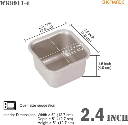 Vista 2 de CHEFMADE Juego de moldes para pasteles de brownie, 2.4 pulgadas, 4 unidades, antiadherentes, cuadrados, para magdalenas, para horno y hornear