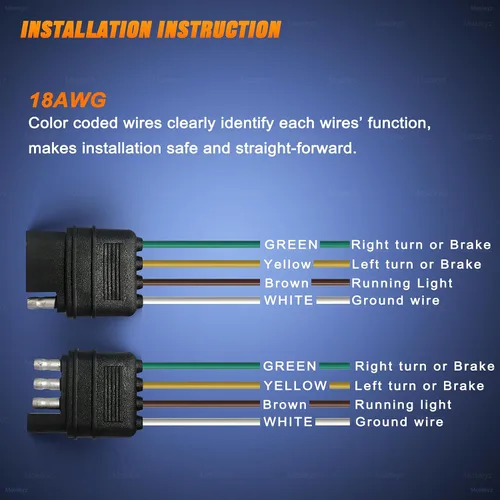 Vista 7 de Extensión de cable de remolque 4 vías 4 pines, enchufe de 4 cables 4 planos con enchufe macho y hembra 18 AWG 26 pulgadas, extensor de arnés