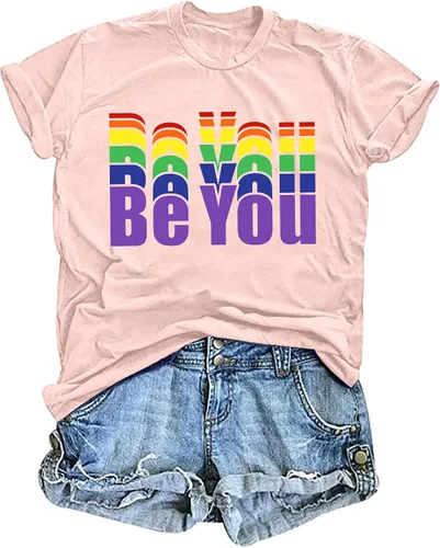 Vista 11 de Camisa de arcoíris para mujer, camiseta de orgullo con estampado de arco iris, camisetas casuales de manga corta Beyou-negro