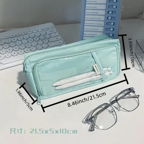 Vista 2 de Estuche para lápices estético transparente, estuche estético para lápices Kawaii, estuche grande (beige)
