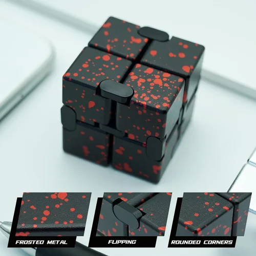 Vista 4 de Cubo infinito de metal, juguete portátil de escritorio, alivio de la ansiedad para adultos, adolescentes y niños, regalo para TDAH, negro y rojo