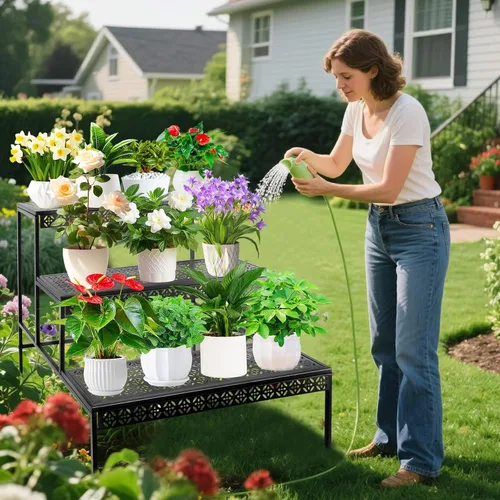 Vista 8 de Soporte de metal para plantas de 3 niveles, soporte para macetas de flores, soporte para plantas escalonadas, organizador de almacenamiento al aire