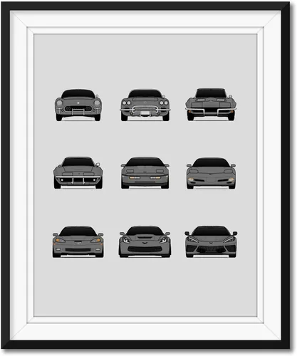 Vista 6 de Custom Car Posters Póster hecho a mano compatible con Chevy Corvette Generations - Arte de pared impreso para decoración de la evolución