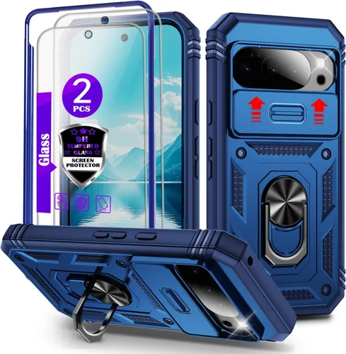 Vista 9 de Funda para Pixel 9 Pro XL con cubierta deslizante para cámara, 2 protectores de pantalla de vidrio templado, soporte de anillo giratorio de 360°