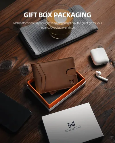 Vista 6 de MIROMIHO Cartera de piel auténtica para hombre, delgada con clip para dinero, caja de regalo, Café (Crazy Horse Brown), Minimalista