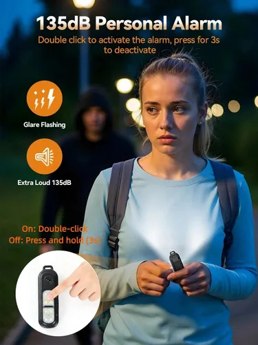 Vista 2 de TECKNET Alarma de seguridad personal de 135 dB con luz estroboscópica SOS para mujer, recargable e impermeable IPX4, luces de carrera con linterna