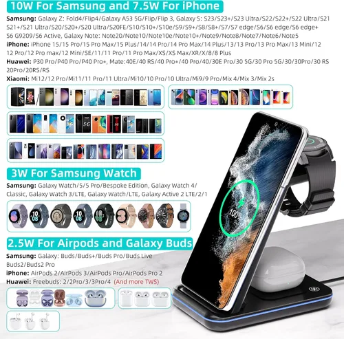 Vista 2 de Cargador inalámbrico para Samsung, estación de carga rápida 3 en 1 para Samsung Galaxy S23/S22/S21/S20/S10/Note 20/10, soporte de carga inalámbrico