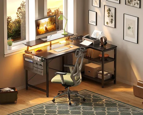 Vista 9 de ODK Escritorio para juegos de 40 pulgadas con tomas de alimentación USB y luces LED, escritorio reversible en forma de L con estantes