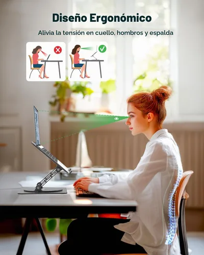 Vista 4 de Soporte ajustable para laptop de escritorio - Elevador portátil para laptop con base giratoria, soporte plegable de aluminio para computadora Negro