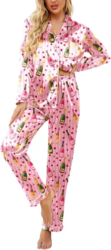 Vista 46 de Ekouaer - Conjunto de pijama de satén de seda clásico con botones para mujer, de manga larga Verde militar