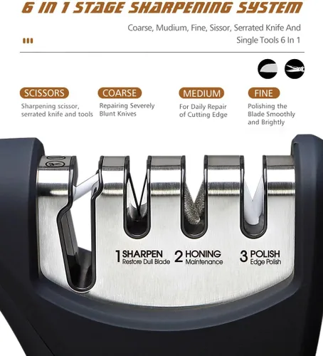 Vista 5 de 6 en 1 mejor afilador de cuchillos Afilador de cocina de 4 etapas premium para cuchillos, tijeras Diamante duro, carburo, ranuras de cerámica