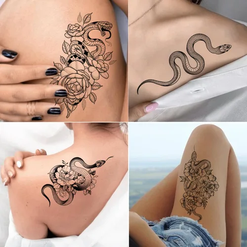 Vista 6 de Tazimi Tatuajes temporales de serpiente, 12 hojas 3D negras realistas de serpiente, rosa, tatuajes florales, calcomanías grandes y sexys