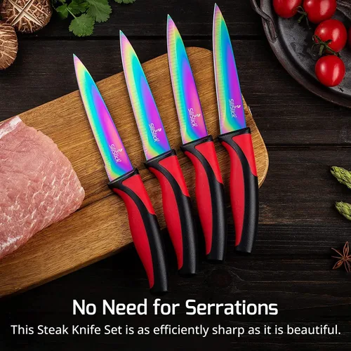 Vista 2 de SiliSlick Juego de cuchillos para carne de acero inoxidable, cuchillos de cocina coloridos con revestimiento de titanio con borde recto, suave