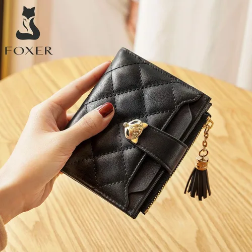 Vista 7 de Cartera de cuero para mujer, pequeña billetera plegable acolchada, tarjetero, Negro2, Classic