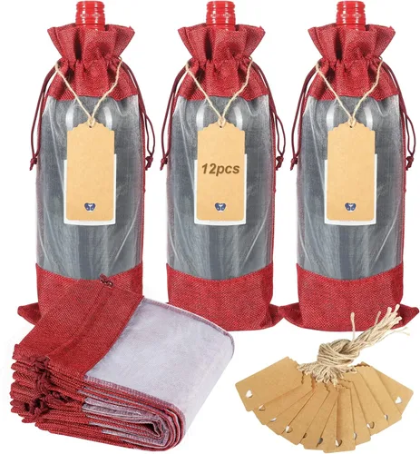 Vista 10 de Shintop 10 bolsas de regalo de vino de arpillera con ventana transparente Rojo
