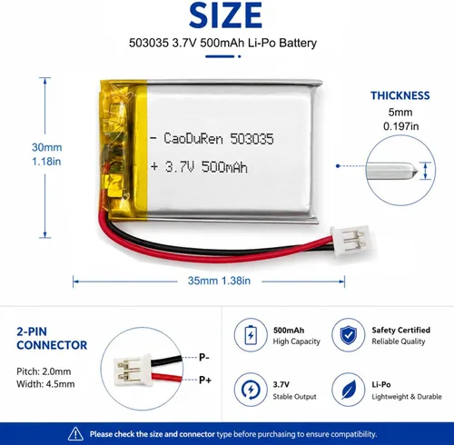 Vista 3 de Batería recargable de iones de polímero de litio Li Lipo de 3.7V con conector JST de 2 pines de 0.079 in/0.049 in (503035 500mAh 2.0Jst)