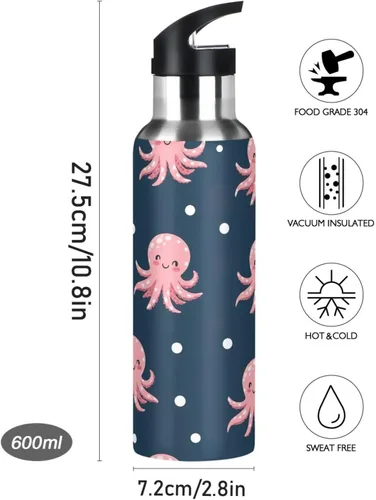 Vista 9 de Cute Pink Cartoon Octopuses Stainless Steel Water Bottle 32 Oz, BPA-Free Sport Water Bottle Insulated Leakproof Water Bottles