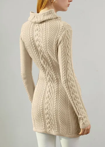 Vista 3 de v28 - Suéter de punto trenzado, cuello alto, tipo vestido, estilo bodycon, de ajuste entallado para mujer